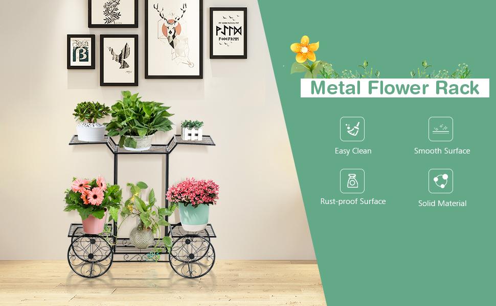 6-Tier Outdoor Garden Cart Metal Flower Rack Display Stand with 4 Wheels