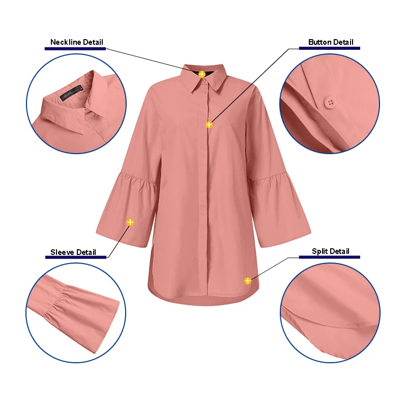 Women Solid Concealed Button Lapel Side Split Flared Sleeve Casual Shirts