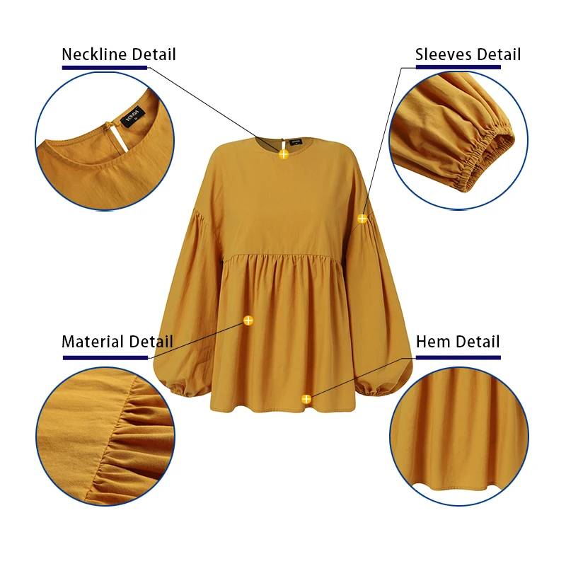 Women Solid Color Stitching Pleating Casual O-Neck Long Sleeve Blouse
