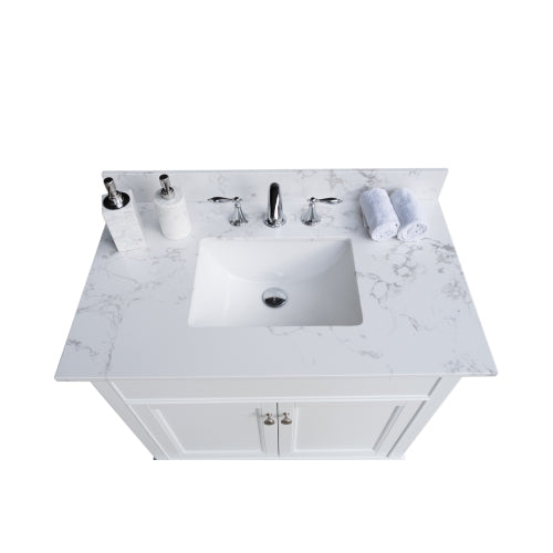 Montary® 37" Bathroom Vanity Top Stone Carrara White New Style Tops with Rectangle Undermount Ceramic Sink and Single Faucet Hole
