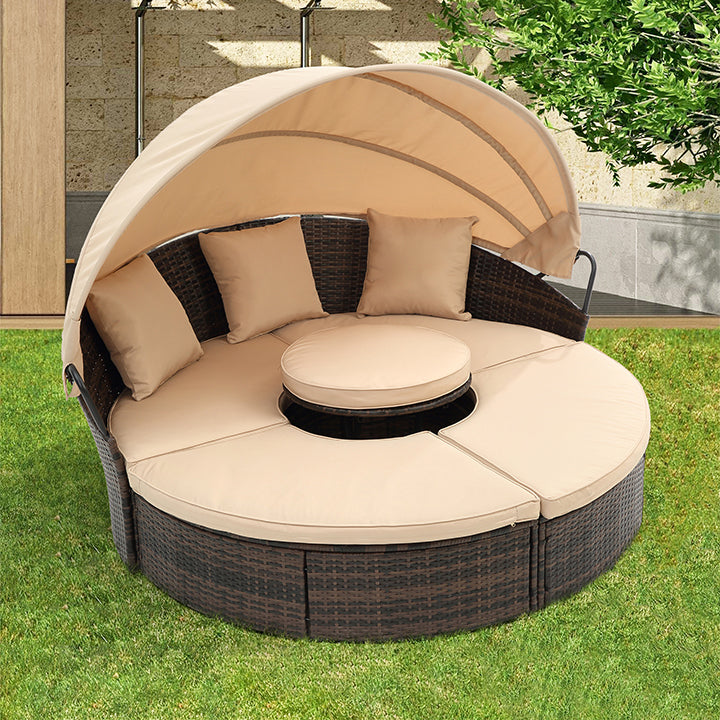 Rattan Round Lounge with Canopy Bali Outdoor Canopy Bed  Wicker Outdoor Sofa Bed with Lift Coffee Table