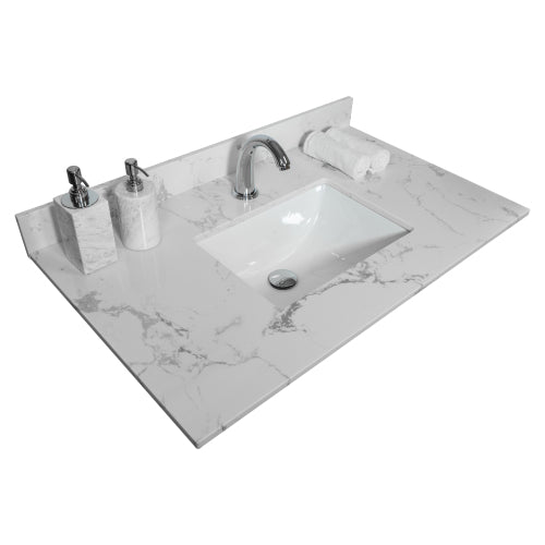 Montary® 31" Bathroom Stone Vanity Top Engineered White Marble Color with Undermount Ceramic Sink and Single Faucet Hole with Backsplash