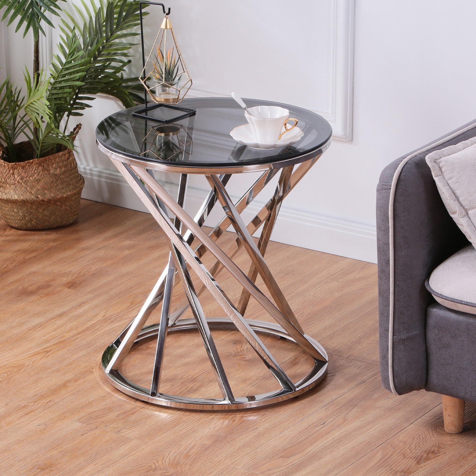 Set of 1 Round Glass Top Side Table for Living Room