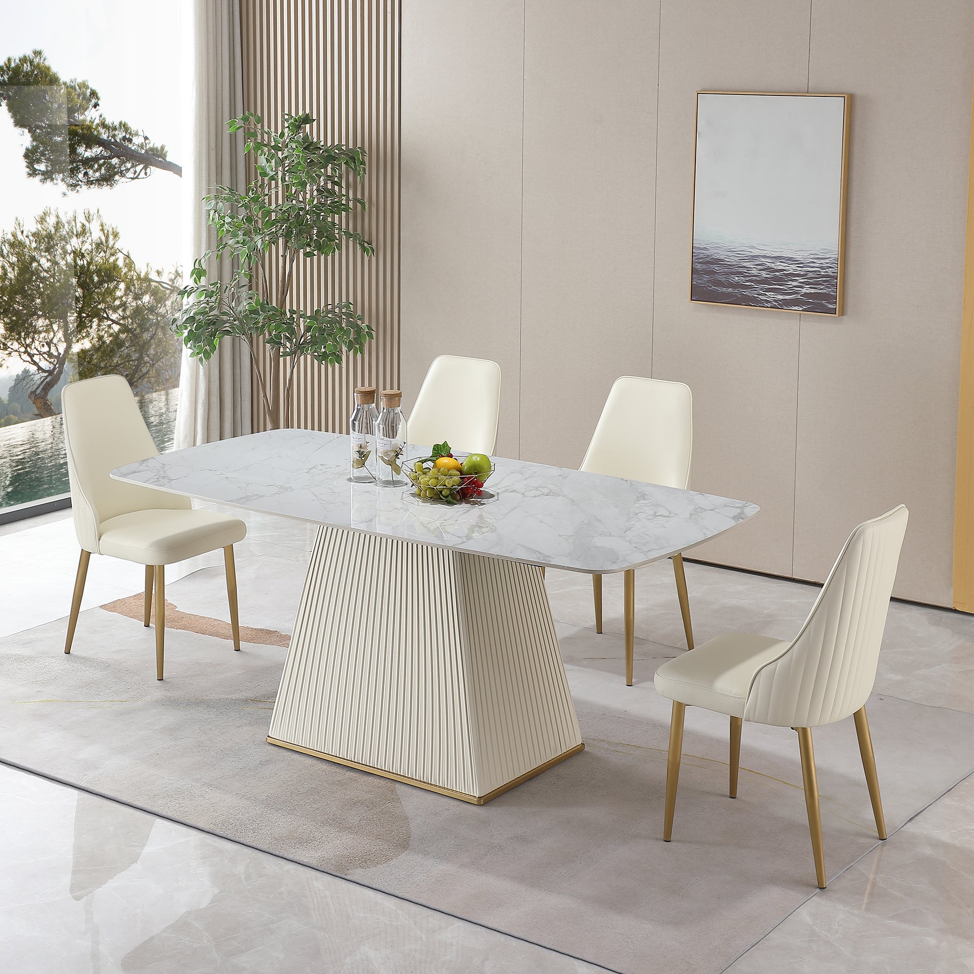 Montary® 71" Contemporary Dining Table Sintered Stone Square Pedestal Base with 6 pcs Chairs