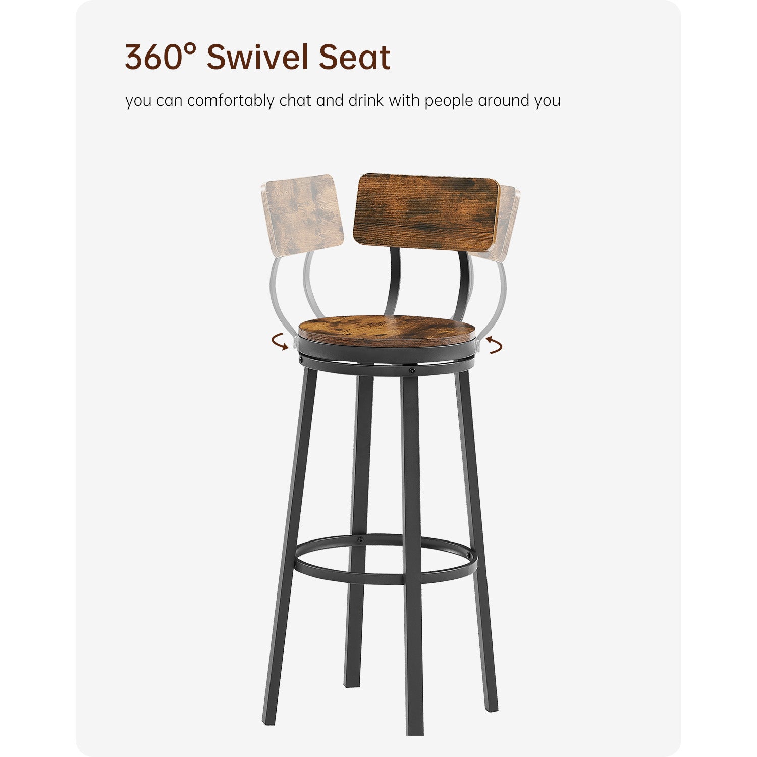 29.5'' Swivel Bar Stool Set Of 2 with Backrest, Industrial Style, Metal Frame