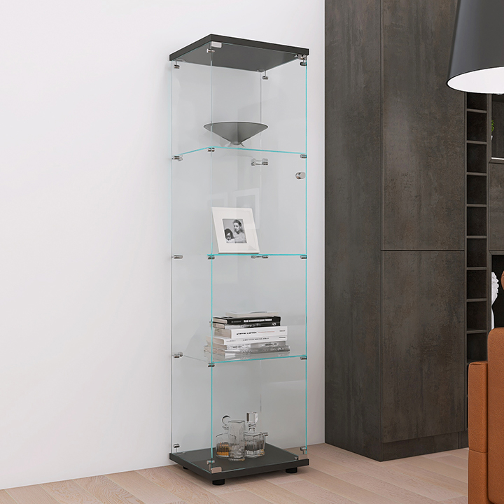 Glass Display Cabinet 4 Shelves with Door, Floor Standing Curio Bookshelf