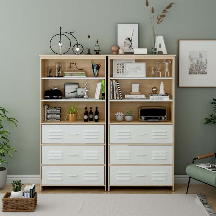 6-Shelf Storage Cabinet Multipurpose Shelf Display Rack with 3 Metal Drawers