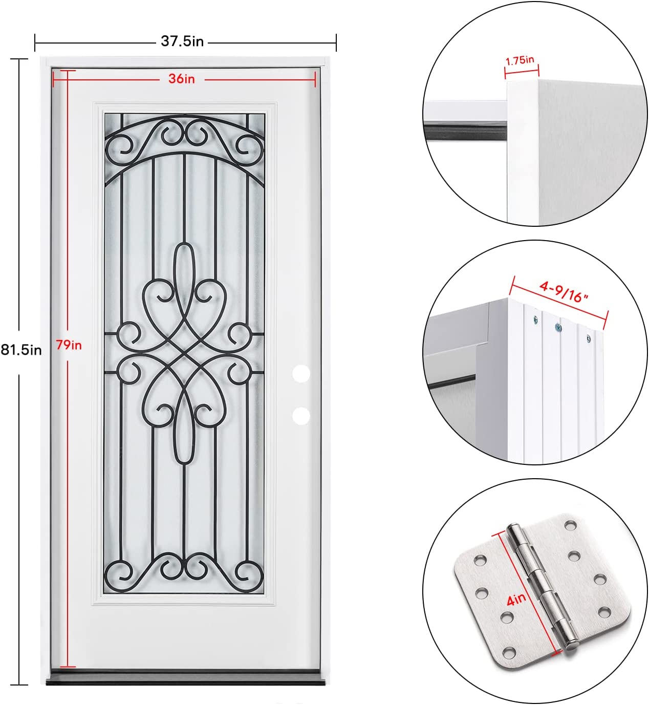 81.5"x37.5" Left Hand Inswing Wrought Iron iber Glass Prehung Entry Door