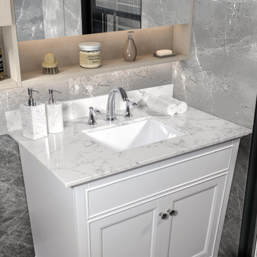 Montary® 31" Bathroom Vanity Top Stone Carrara White New Style Tops with Rectangle Undermount Ceramic Sink and Back Splash with 3 Faucet Hole for Bathrom Cabinet