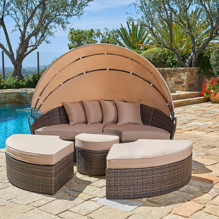 Rattan Round Lounge with Canopy Bali Outdoor Canopy Bed  Wicker Outdoor Sofa Bed with Lift Coffee Table