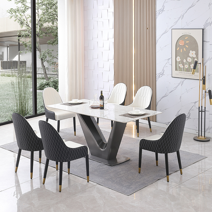 Montary® 71" Sintered Stone Black V-shaped Carbon Steel Leg Dining Table with Dining Chairs