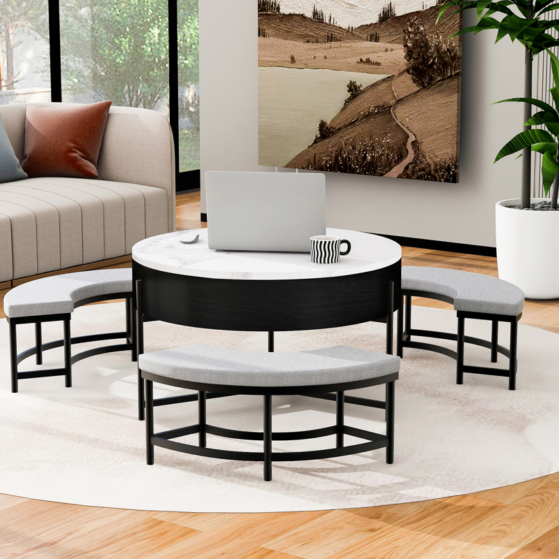 Montary Modern Round Lift-Top Coffee Table with 3 Ottoman