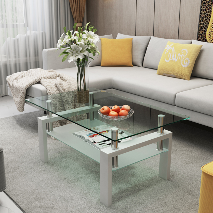 Rectangular White Transparent Glass Coffee Table, Modern Living Room Center Table