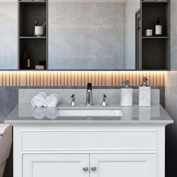 Montary® 31“ Bathroom Stone Vanity Top Calacatta Gray Engineered Marble Color with Undermount Ceramic Sink and 3 Faucet Hole with Backsplash