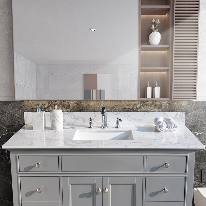 Montary® 49" Bathroom Stone Vanity Top Engineered Stone Carrara White Marble Color with Rectangle Undermount Ceramic Sink and 3 Faucet Hole with Back Splash