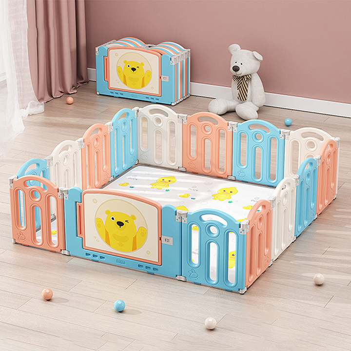 62.9"x 62.9" Bear Macaron Color Foldable Playpen, Baby Safety Play Yard Indoor Toys With 16panel and 1 Play Mat