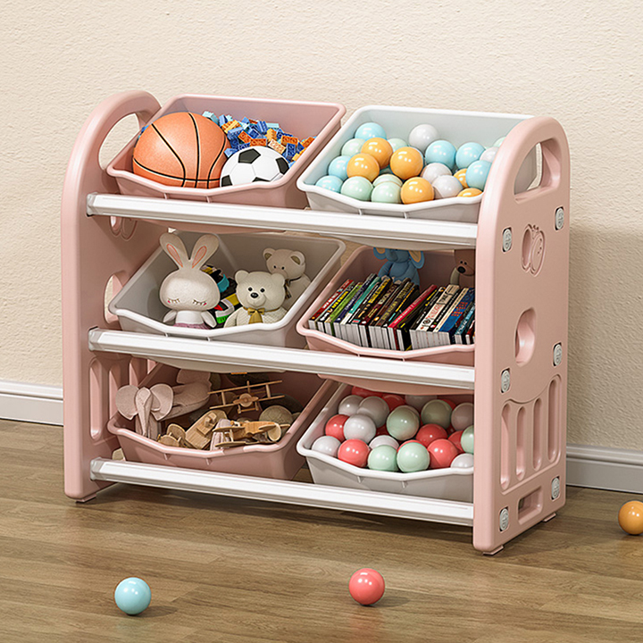 Kids Toy Storage Organizer with 6 Bins, Pink Multi-functional Nursery Organizer Kids Furniture Set Toy Storage Cabinet Unit 