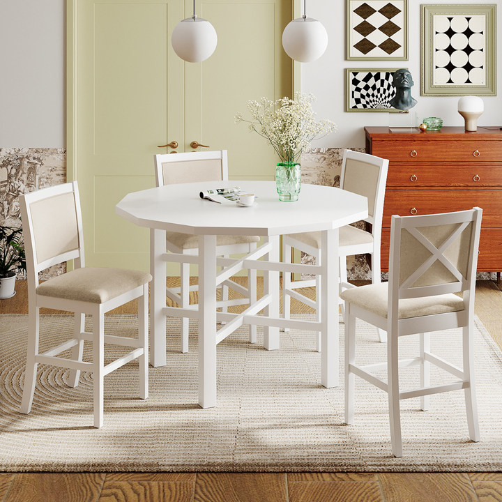 Rubber Wood Counter Height Dining Table Set with 4 High-back Cushioned