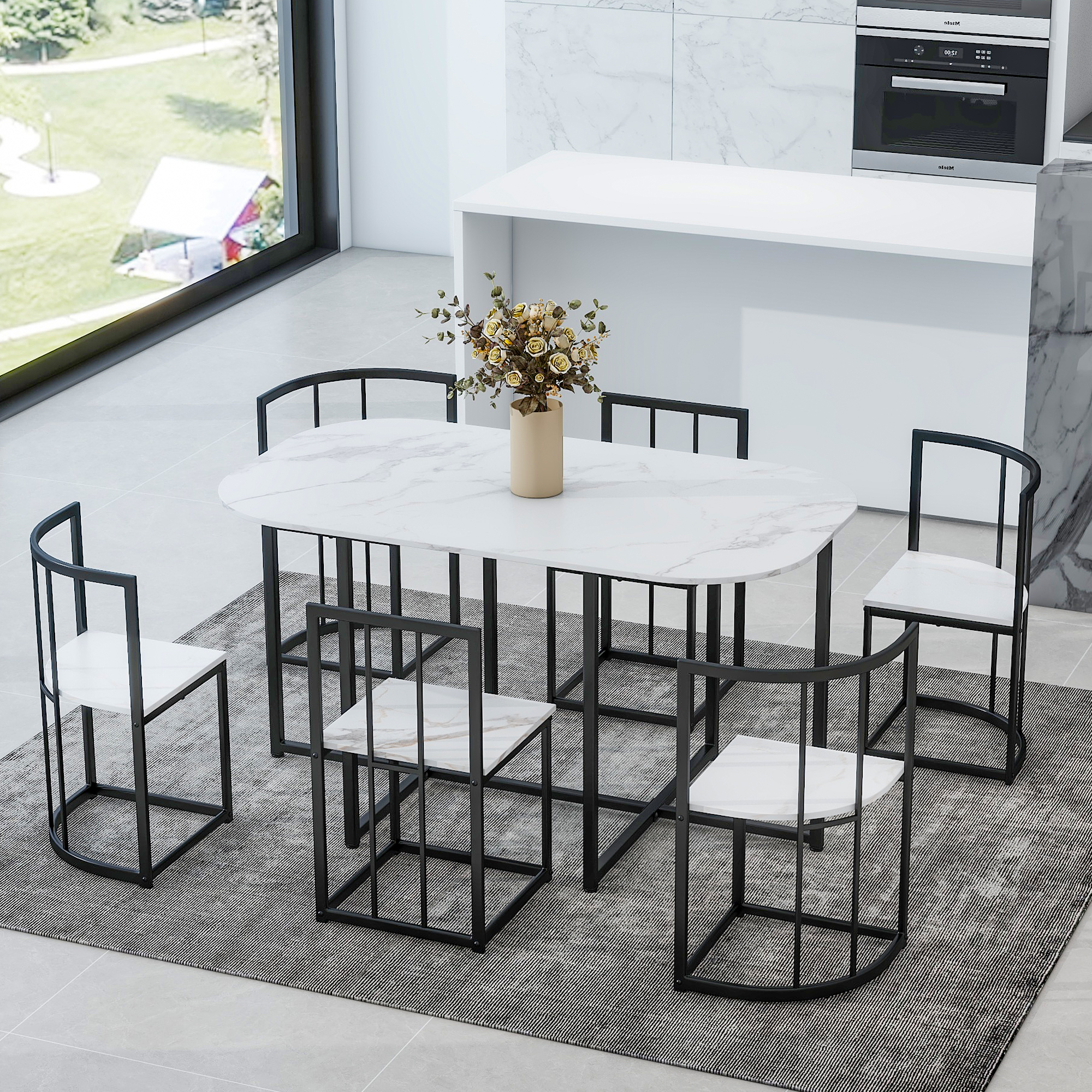 55" Kitchen Table Set Modern 7-Piece Dining Table Set with Faux Marble Compact  for 6
