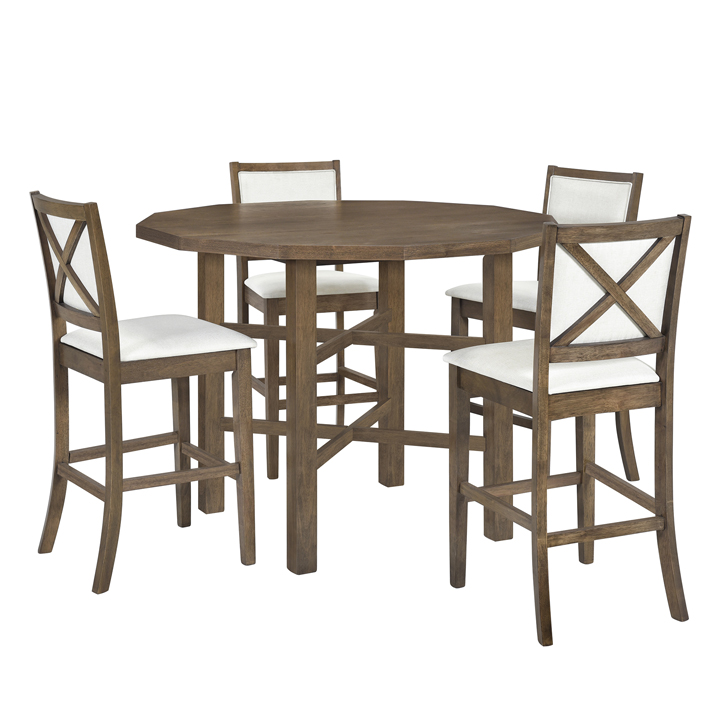 Rubber Wood Counter Height Dining Table Set with 4 High-back Cushioned Chairs