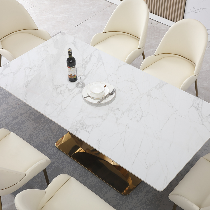 Montary® 71" Sintered Stone Golden Crescent Metal Dining Table with Dining Table with Dining Chairs