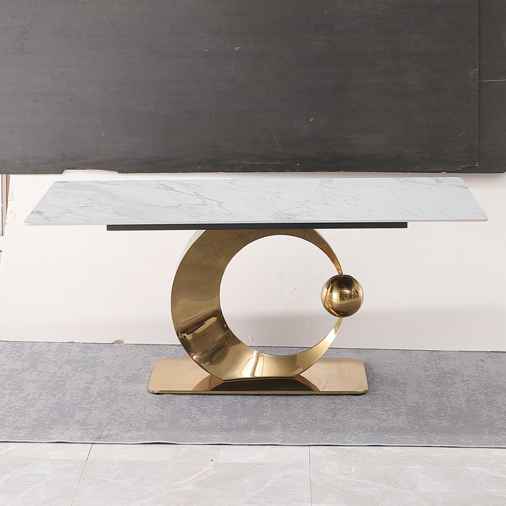 Montary® 71" Sintered Stone Golden Crescent Metal Dining Table