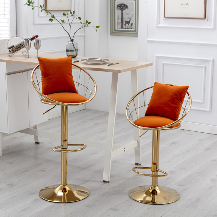 Orange Velvet Bar Chair, Pure Gold Plated,360 Degree Rotation, Adjustable Height(Set of 2)