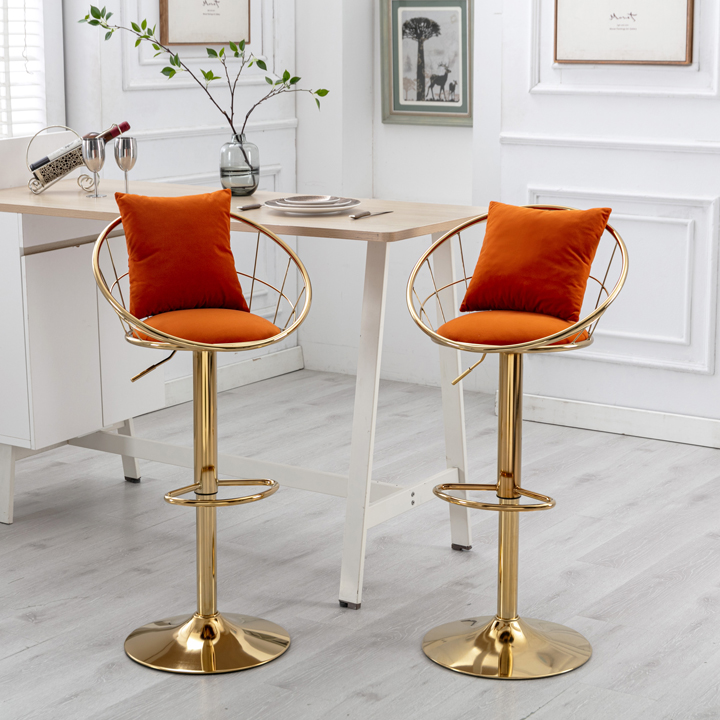 Orange Velvet Bar Chair, Pure Gold Plated,360 Degree Rotation, Adjustable Height(Set of 2)