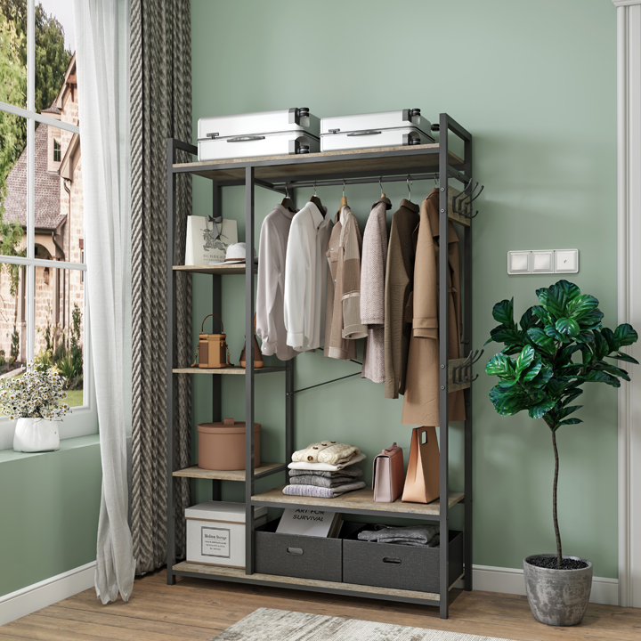 43.7’’ x 15.75’’ x 70.08’’ Organized Garment Rack with Storage, Free-Standing Closet System with Open Shelves and Hanging Rod