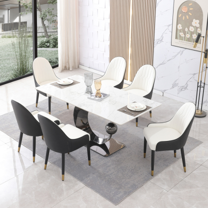 Montary® 71" Sintered Stone Black Crescent Metal Dining Table with Dining Chairs