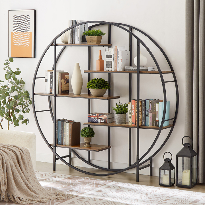 Round Bookcase 5-Tier Metal Plant Stand Storage Rack, Living Room Terrace Garden Balcony Display Stand(Brown 67’’x11.8’’x 67’’)