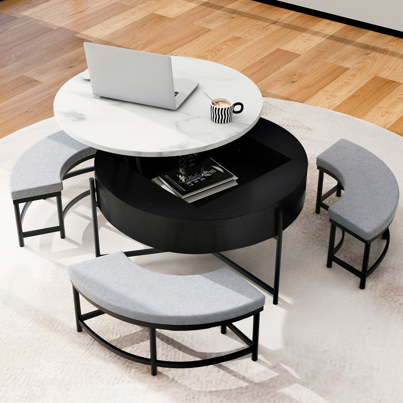 Montary Modern Round Lift-Top Coffee Table with 3 Ottoman