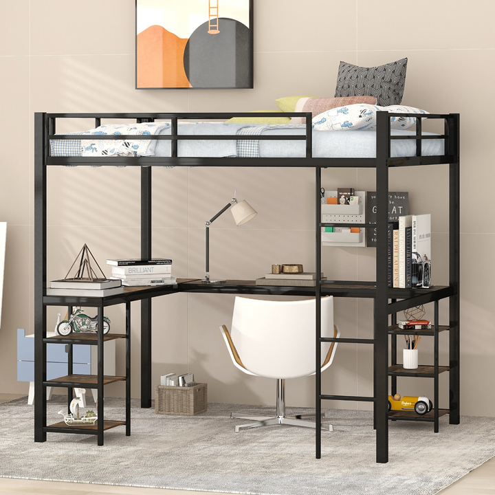 Loft Bed Frame for Bedroom  Loft Bed with Ladder and Guardrails Full Metal Loft Bed with Desk and Shelves(Black) 