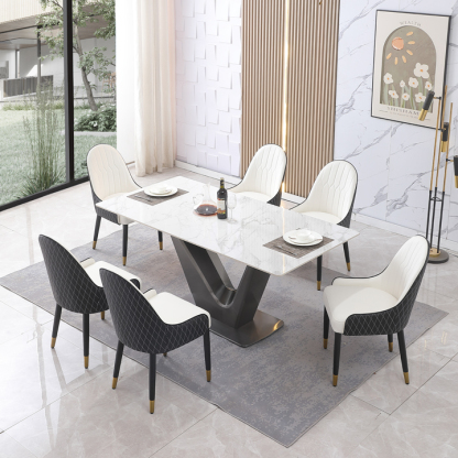 Montary® 71" Sintered Stone Black V-shaped Carbon Steel Leg Dining Table with Dining Chairs