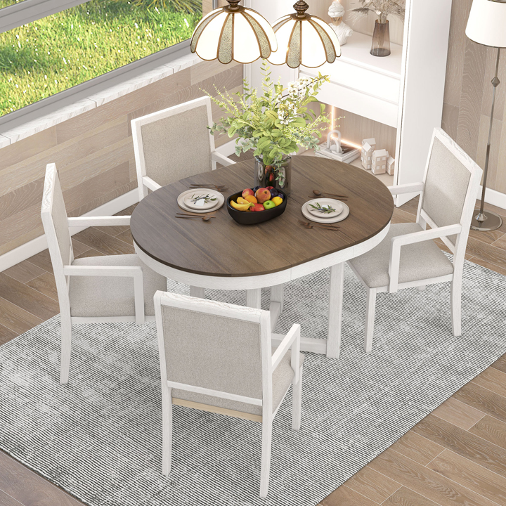 Extendable Butterfly Leaf Wooden Round Dining Table with 4 Upholstered Dining Chairs (Brown + White)