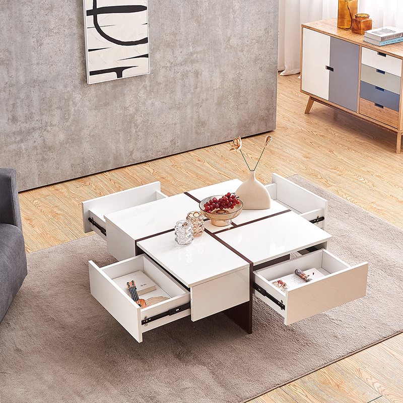 Modern Style High Gloss & Veneer Finished Living Room Square Coffee Table with 4 Drawers