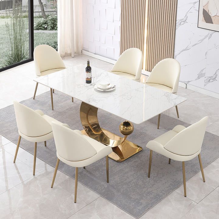 Montary® 71" Sintered Stone Golden Crescent Metal Dining Table with Dining Table with Dining Chairs