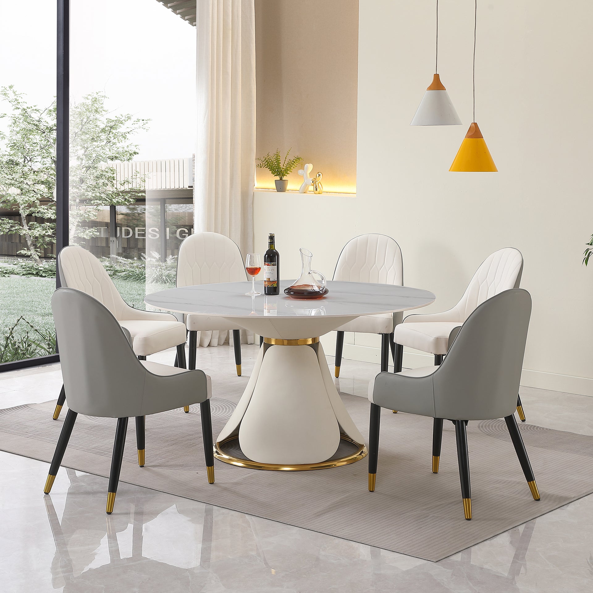 Montary® 53“ Modern Sintered Stone Round Dining Table with Stainless Steel Base with 6 Pcs Chairs