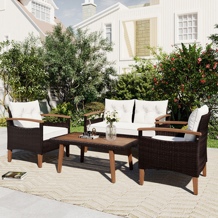 PE Rattan Sofa Garden Terrace Seat 4 PCS Set - Beige