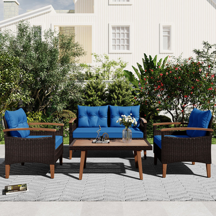 PE Rattan Sofa Garden Terrace Seat 4 PCS Set - Blue