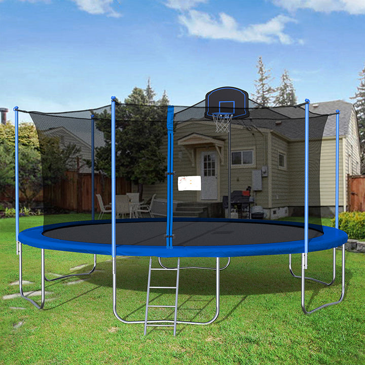 16 Ft Metal Trampoline with Enclosure Basketball Frame and Ladder