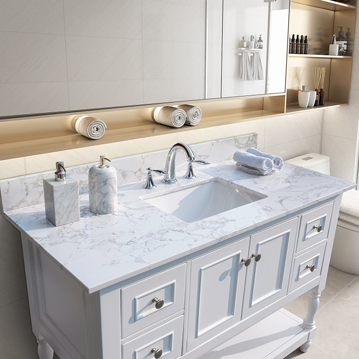 Montary® 43‘’ Bathroom Stone Vanity Top Engineered Stone Carrara White Marble Color with Rectangle Undermount Ceramic Sink and 3 Faucet Hole with Back Splash