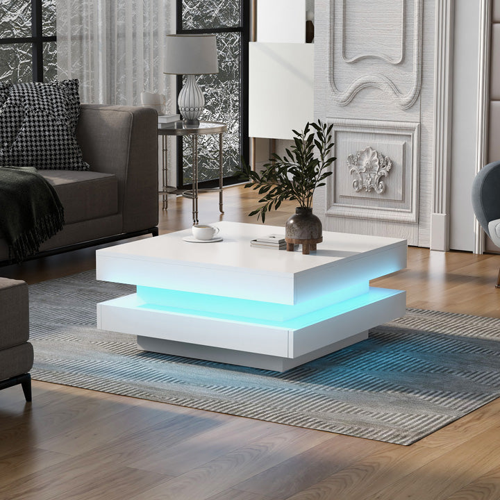 High Gloss Minimalist Design 16-Color LED Lights Square Coffee Table - White