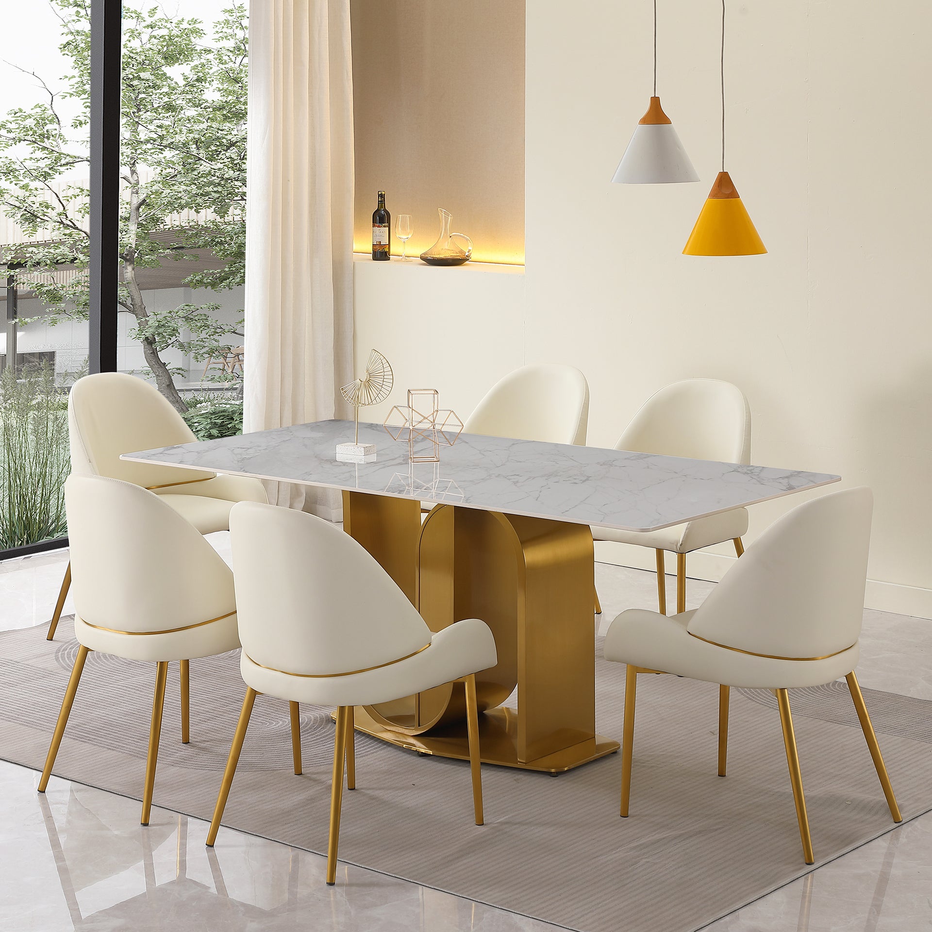 Montary® 71" Contemporary Dining Table in Gold with Sintered Stone Top and U shape Pedestal Base in Gold finish with 6 pcs Chairs
