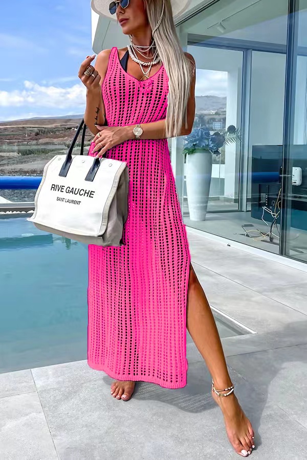 Deserted Island Crochet Knit Cross Back Cover Up Maxi Dress
