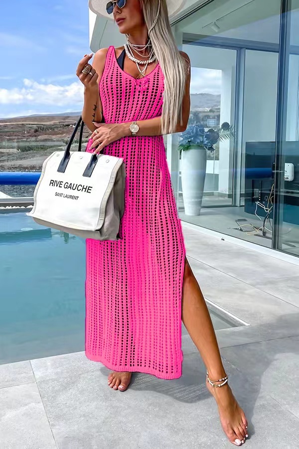 Deserted Island Crochet Knit Cross Back Cover Up Maxi Dress