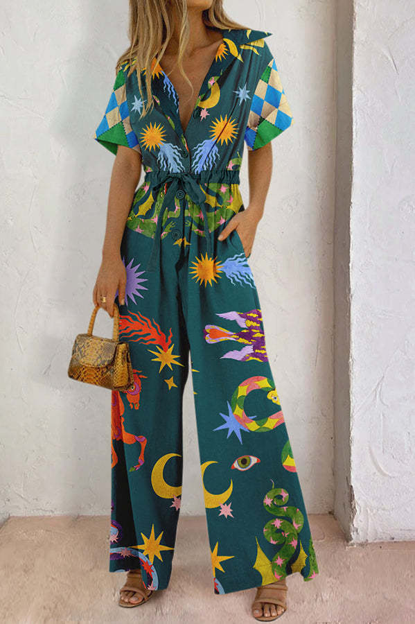 To New Hellos Linen Blend Unique Print Adjustable Waist Pocketed Wide