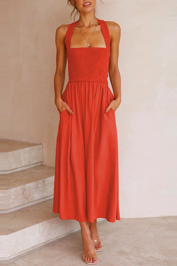 Bendita Pocketed Smocked Smocked Cross Back Midi Dress
