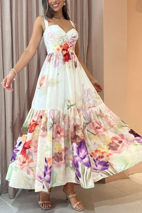 Romantic Data Floral Floral Ruffle Detaliu Pocketed Corset Maxi rochie formală / vacanță