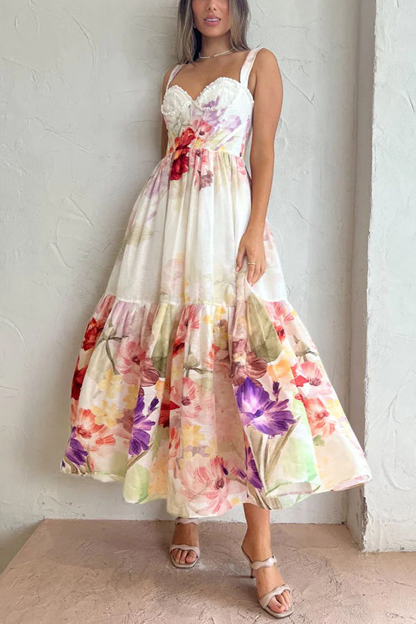 Romantic Data Floral Floral Ruffle Detaliu Pocketed Corset Maxi rochie formală / vacanță